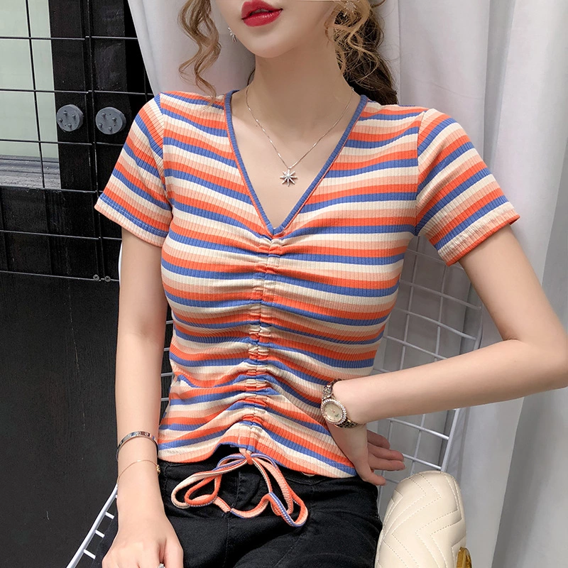 High waist rainbow striped t-shirt female summer tight drawstring slim v-neck exposed navel short-sleeved color short top