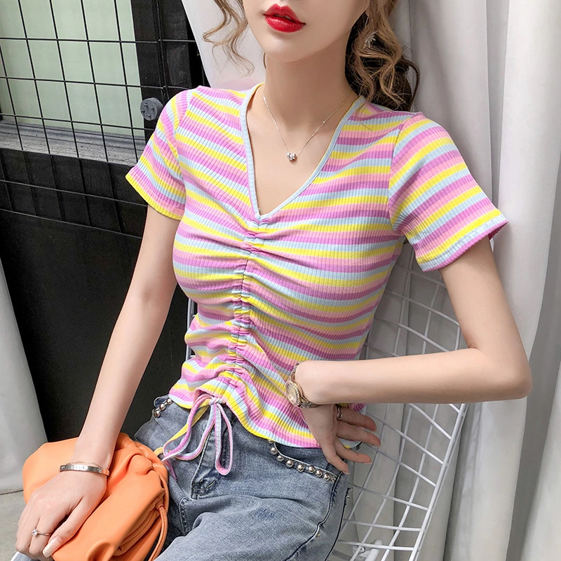 High waist rainbow striped t-shirt female summer tight drawstring slim v-neck exposed navel short-sleeved color short top