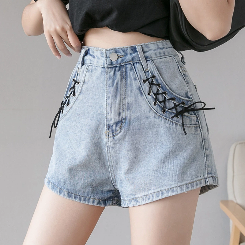 Summer new tide design feels thin drawstring shorts high waist denim shorts female lace wide leg pants