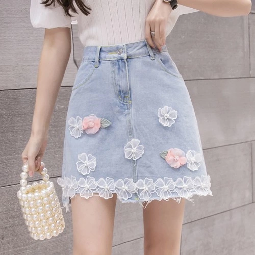 Spring dress new fresh beaded three-dimensional flowers worn high waist denim short skirt female slim skirt