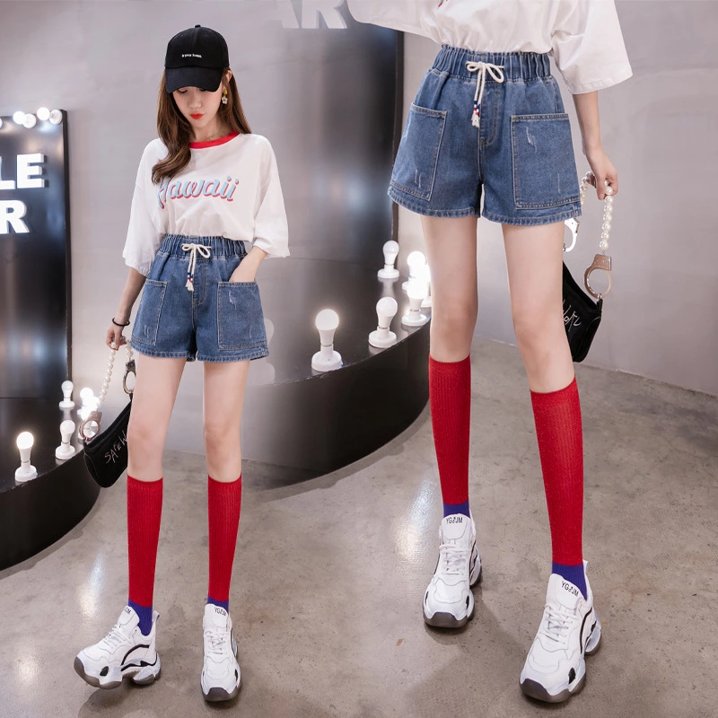 Jeans women's high waist summer new plus size MM women's loose loose thin elastic waist shorts