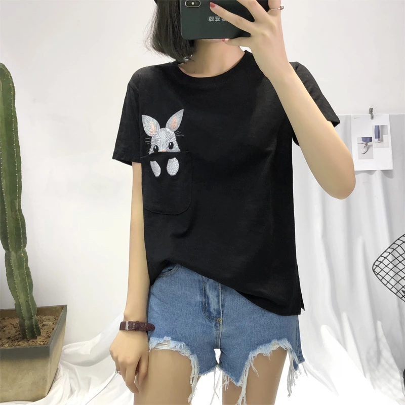 Summer new large size women's slub cotton short-sleeved T-shirt female rabbit embroidery bottoming ladies top