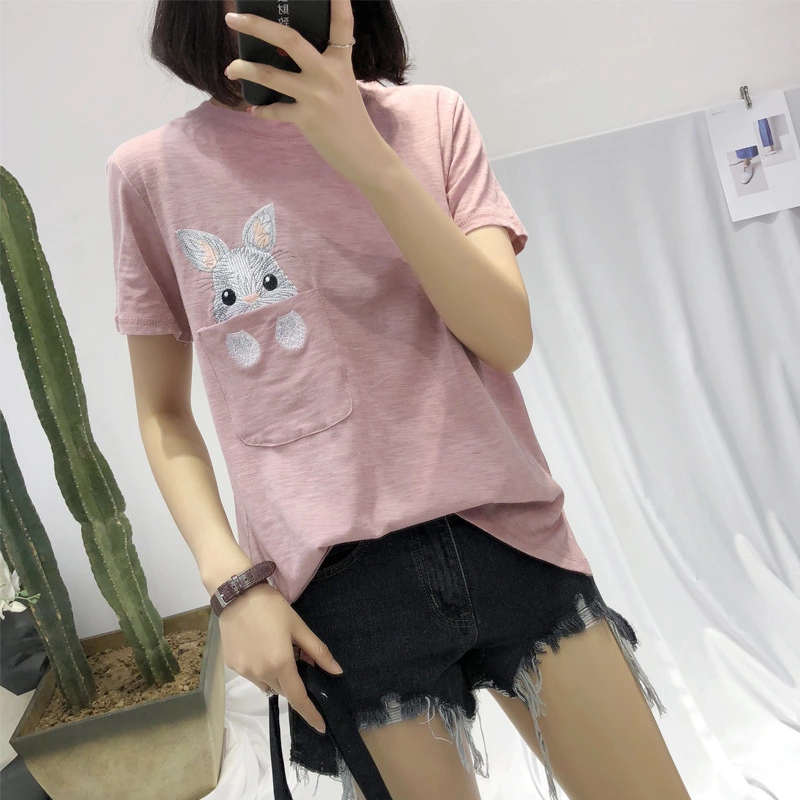 Summer new large size women's slub cotton short-sleeved T-shirt female rabbit embroidery bottoming ladies top