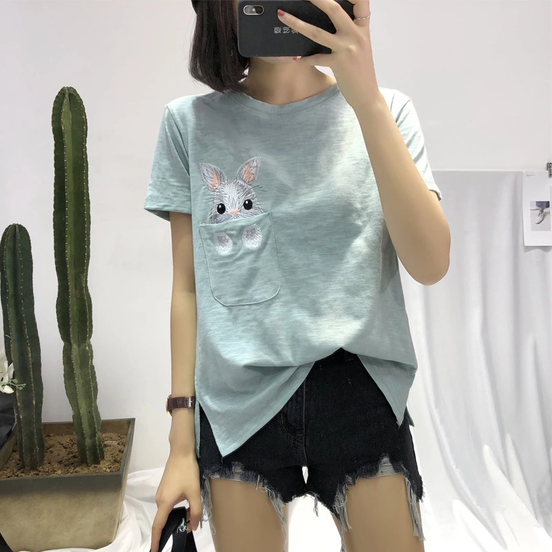 Summer new large size women's slub cotton short-sleeved T-shirt female rabbit embroidery bottoming ladies top
