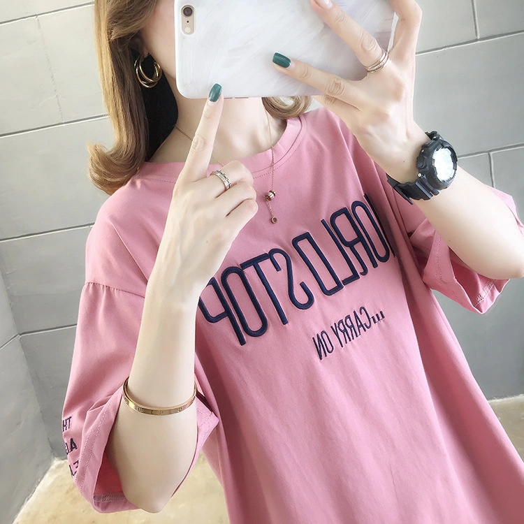Summer new large size women's loose loose round neck short sleeve T-shirt female printed letters ladies top