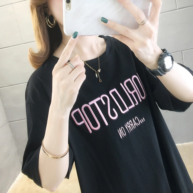 Summer new large size women's loose loose round neck short sleeve T-shirt female printed letters ladies top