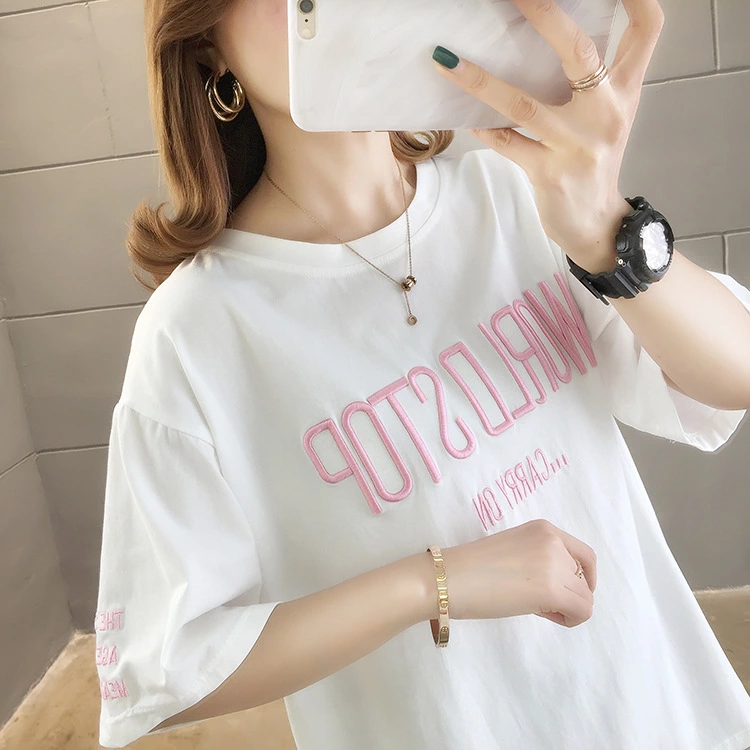 Summer new large size women's loose loose round neck short sleeve T-shirt female printed letters ladies top