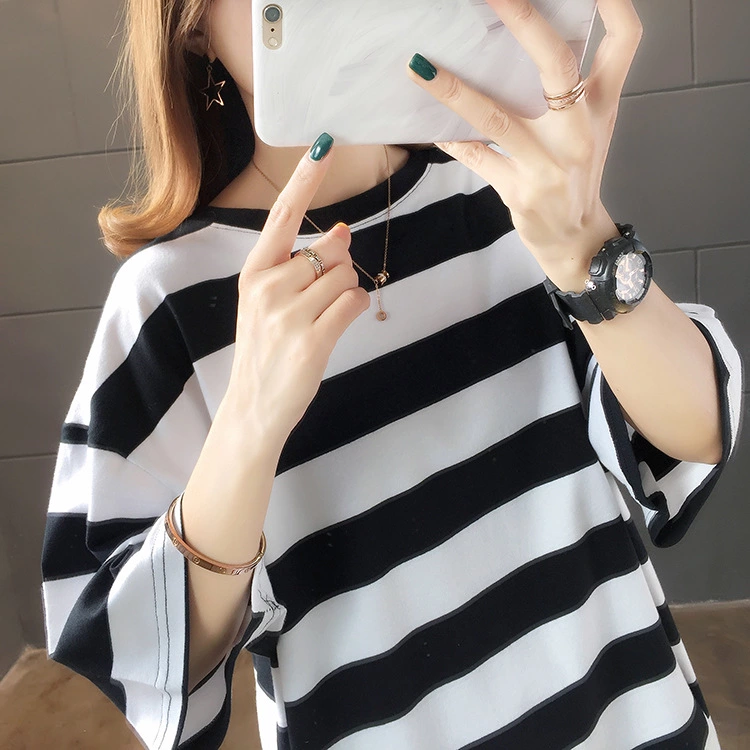 Summer new large size women's casual stripes super fire short-sleeved t-shirt female loose ladies tops