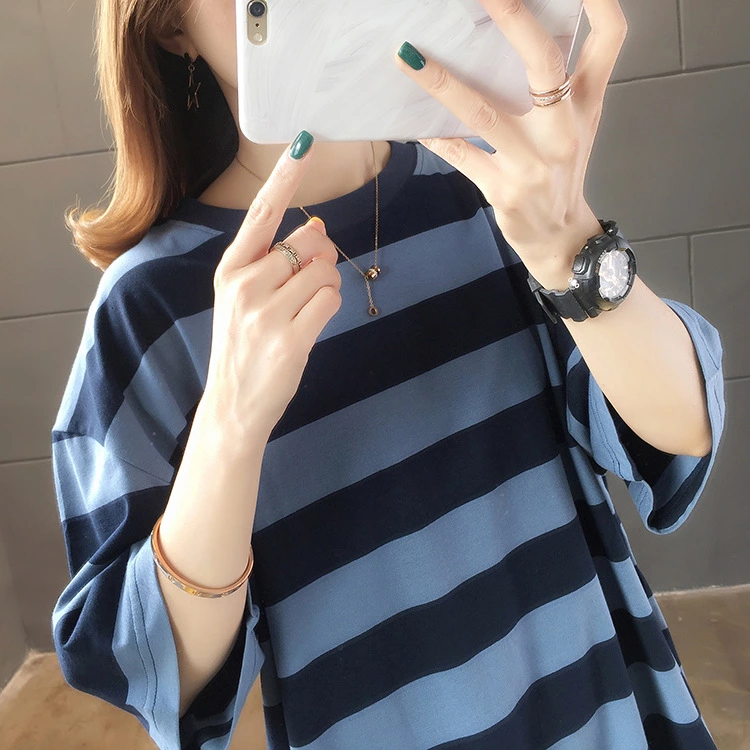 Summer new large size women's casual stripes super fire short-sleeved t-shirt female loose ladies tops