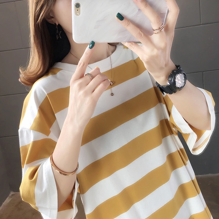 Summer new large size women's casual stripes super fire short-sleeved t-shirt female loose ladies tops