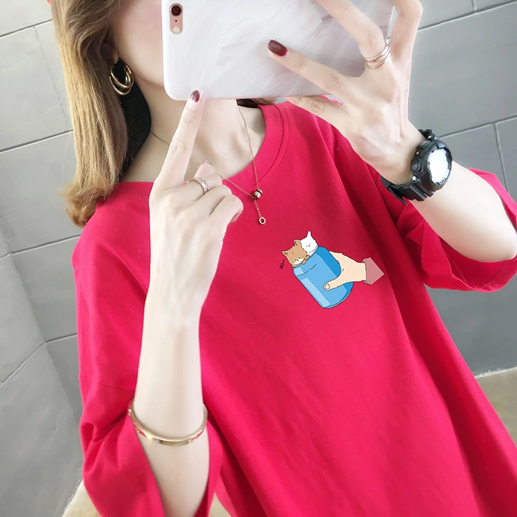 Summer new loose large size women's mid-length printed shirt solid color round neck short sleeve T-shirt female