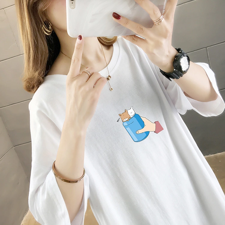 Summer new loose large size women's mid-length printed shirt solid color round neck short sleeve T-shirt female