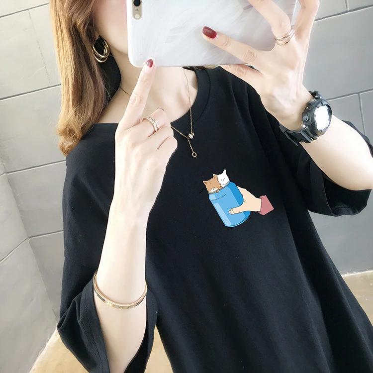 Summer new loose large size women's mid-length printed shirt solid color round neck short sleeve T-shirt female