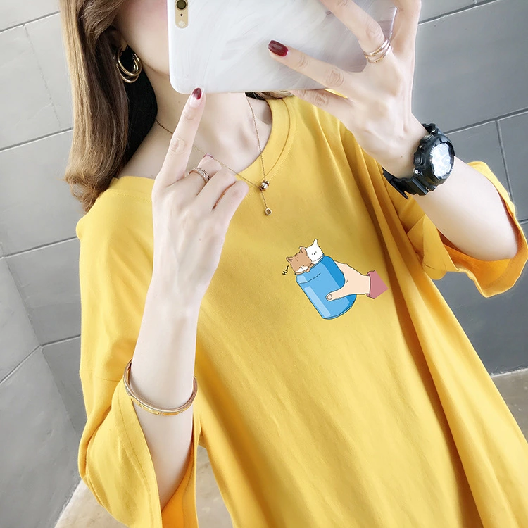 Summer new loose large size women's mid-length printed shirt solid color round neck short sleeve T-shirt female