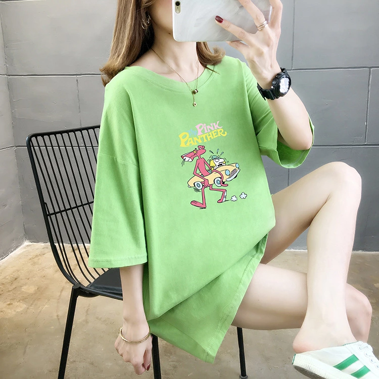 Summer basic color conventional round neck mid-length large size women's MM short-sleeved cotton loose t-shirt