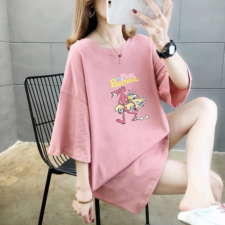 Summer basic color conventional round neck mid-length large size women's MM short-sleeved cotton loose t-shirt
