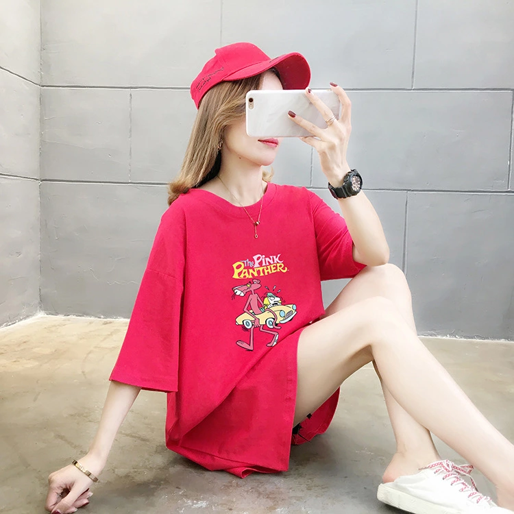 Summer basic color conventional round neck mid-length large size women's MM short-sleeved cotton loose t-shirt