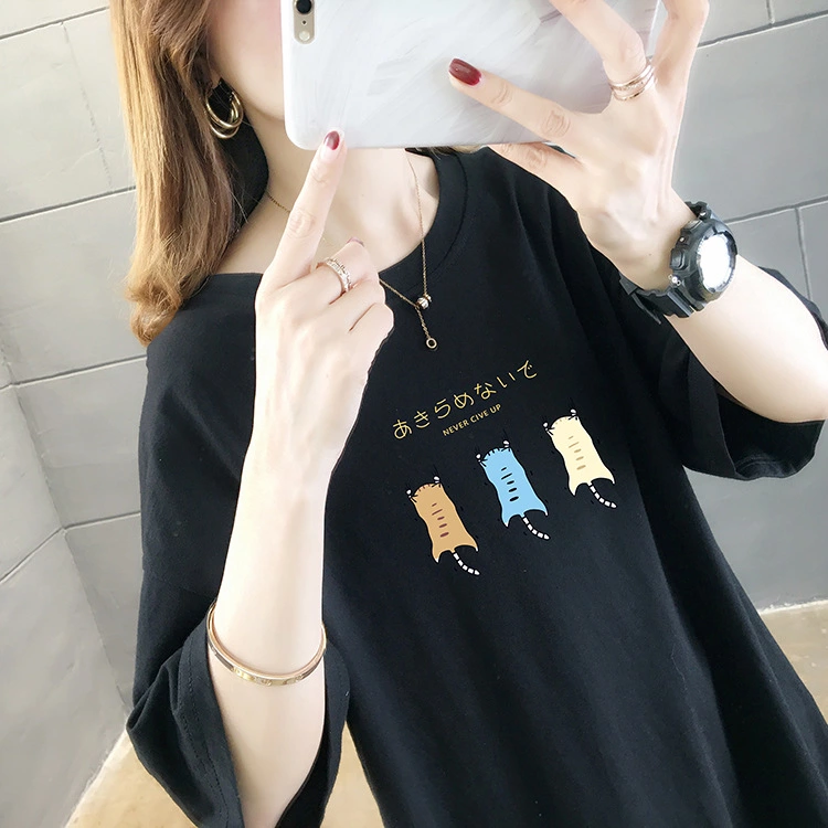 Summer new loose large size women's round neck short sleeve t-shirt female printing solid color ladies top