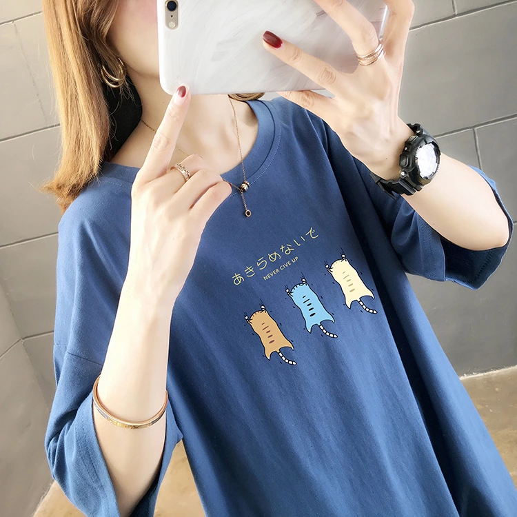 Summer new loose large size women's round neck short sleeve t-shirt female printing solid color ladies top