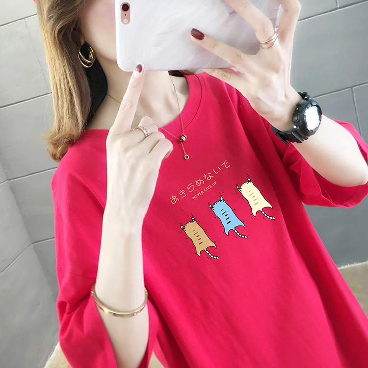 Summer new loose large size women's round neck short sleeve t-shirt female printing solid color ladies top