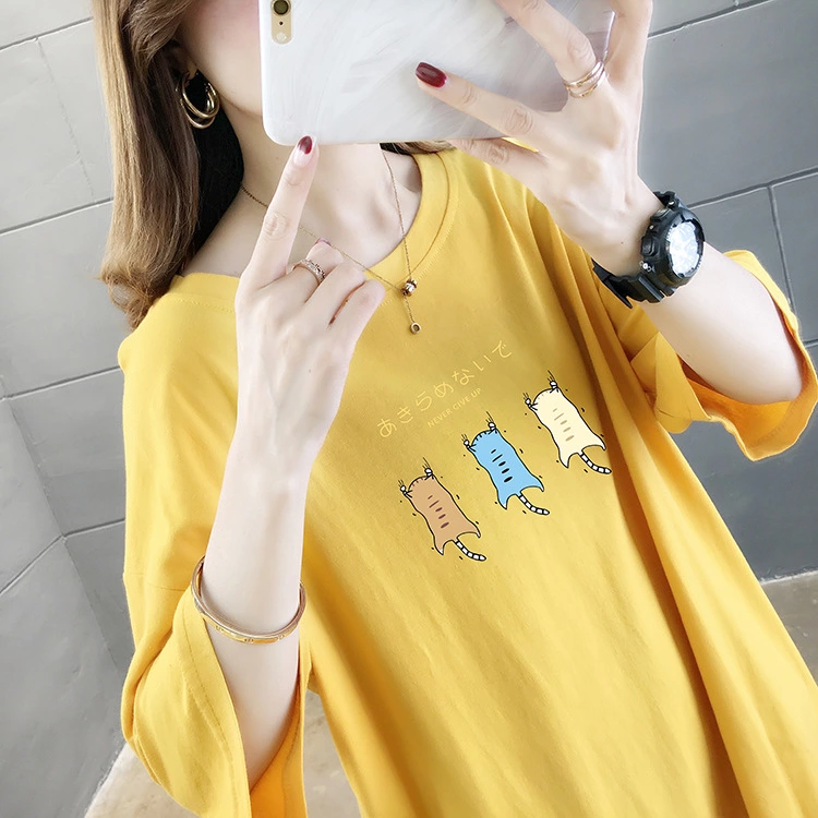 Summer new loose large size women's round neck short sleeve t-shirt female printing solid color ladies top