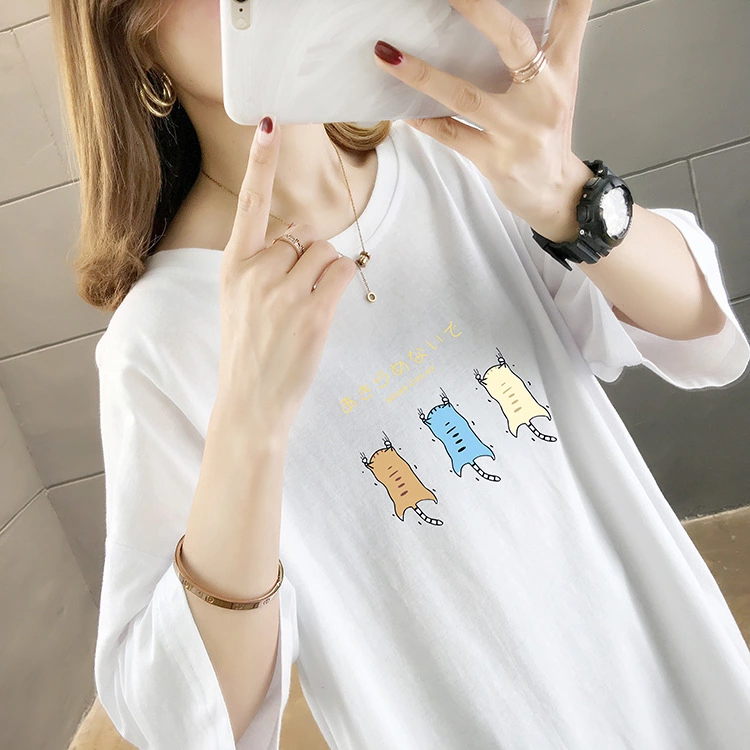 Summer new loose large size women's round neck short sleeve t-shirt female printing solid color ladies top