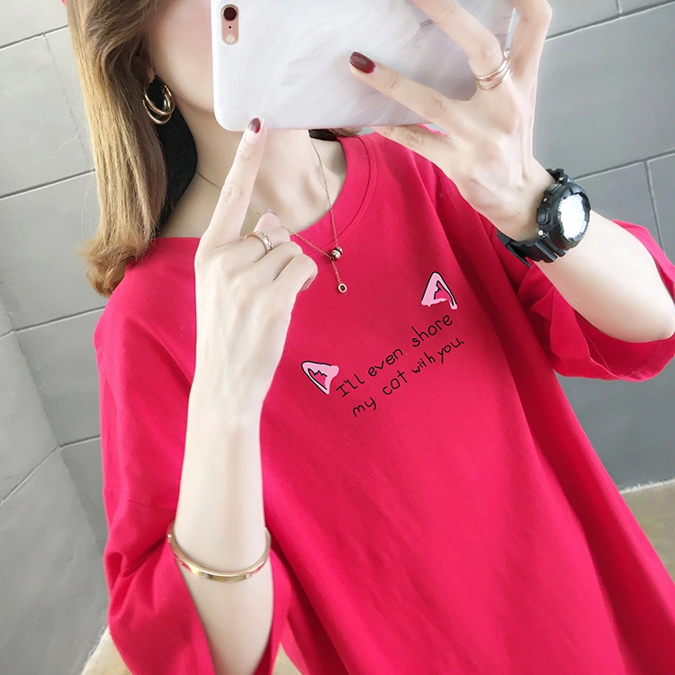 Summer new large size women's solid color bottoming ladies shirt printed loose cotton short-sleeved t-shirt