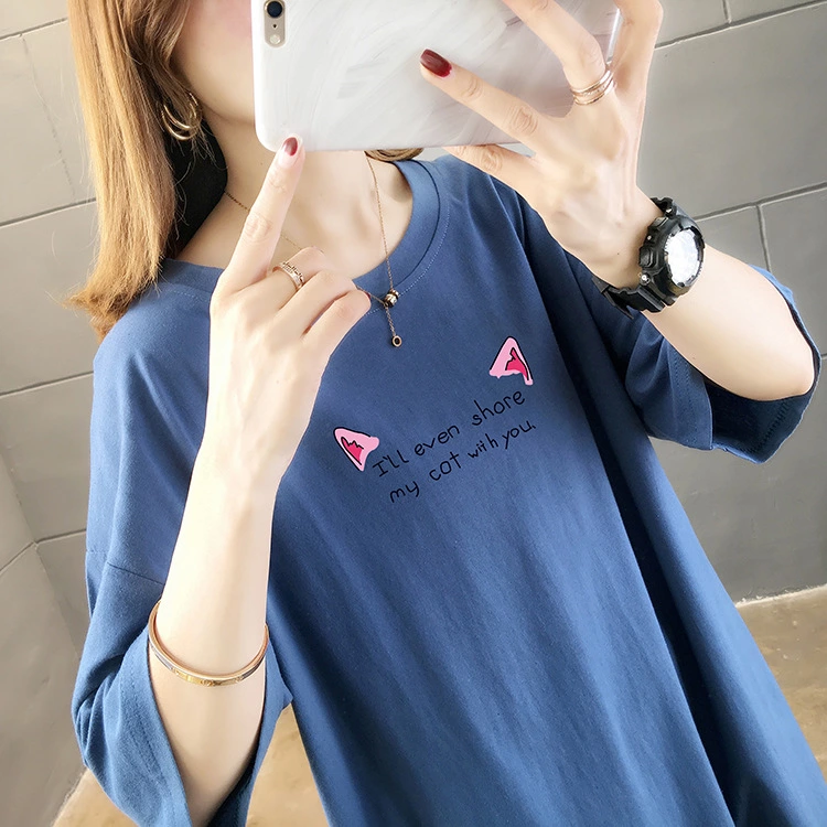 Summer new large size women's solid color bottoming ladies shirt printed loose cotton short-sleeved t-shirt