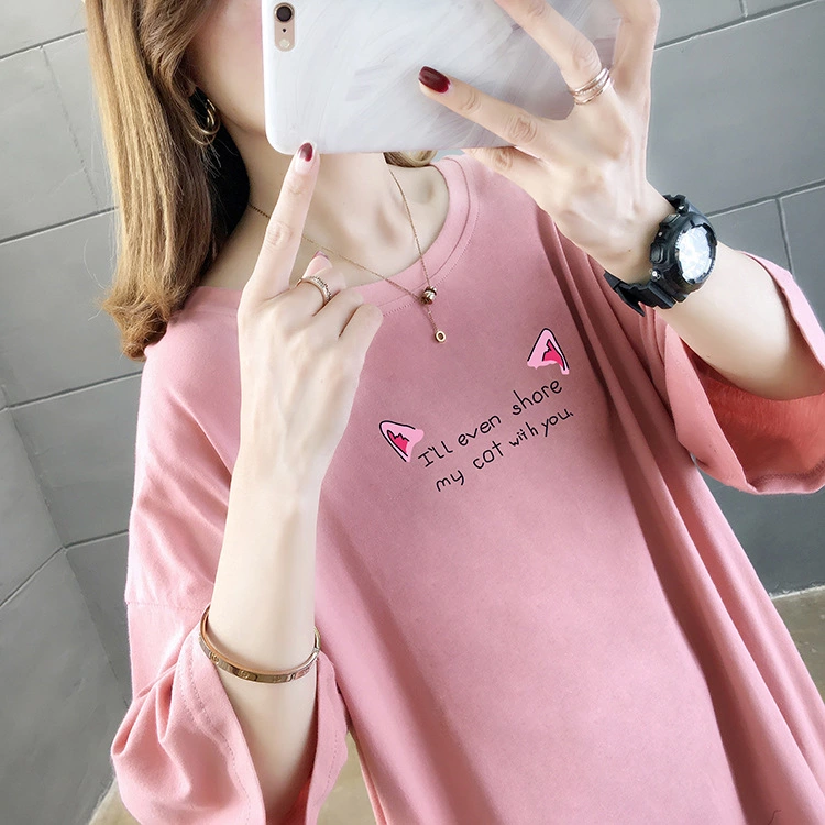 Summer new large size women's solid color bottoming ladies shirt printed loose cotton short-sleeved t-shirt