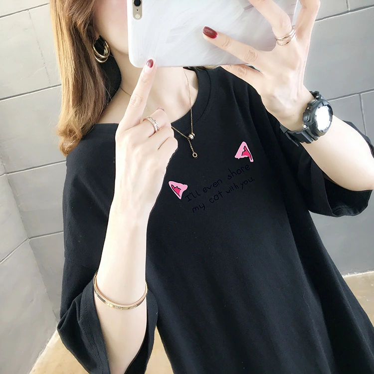 Summer new large size women's solid color bottoming ladies shirt printed loose cotton short-sleeved t-shirt