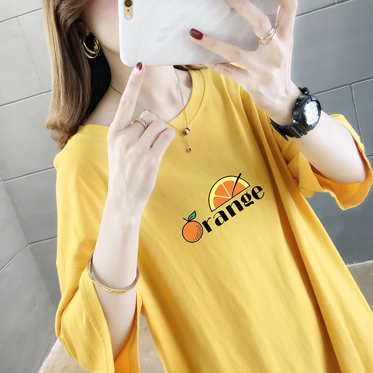 Summer new basic large size women's mid-length solid color printed jacket round neck short sleeve t-shirt female