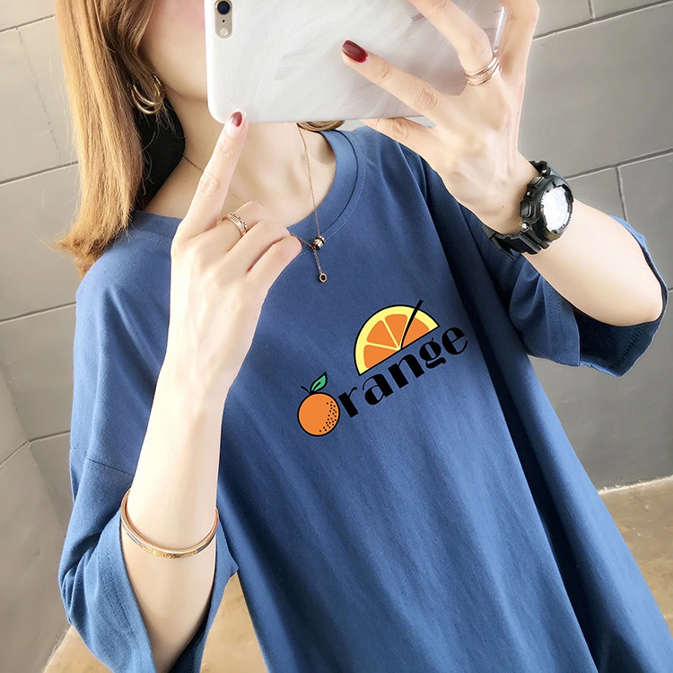 Summer new basic large size women's mid-length solid color printed jacket round neck short sleeve t-shirt female