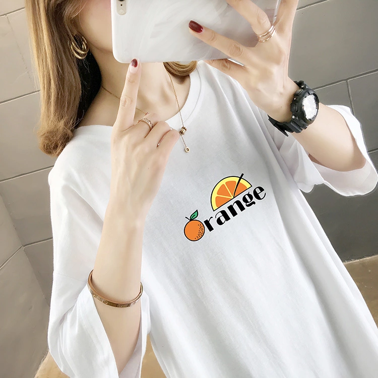 Summer new basic large size women's mid-length solid color printed jacket round neck short sleeve t-shirt female