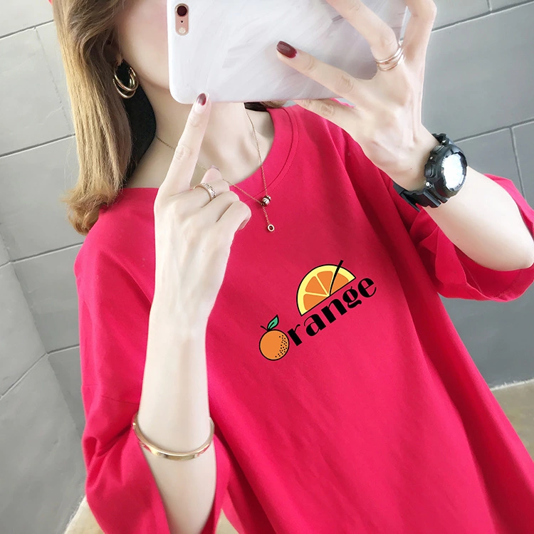 Summer new basic large size women's mid-length solid color printed jacket round neck short sleeve t-shirt female