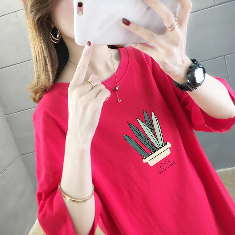 Mid-length plus size women's summer new solid color printed jacket round neck short sleeve T-shirt women