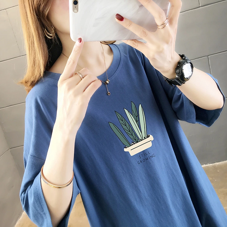 Mid-length plus size women's summer new solid color printed jacket round neck short sleeve T-shirt women