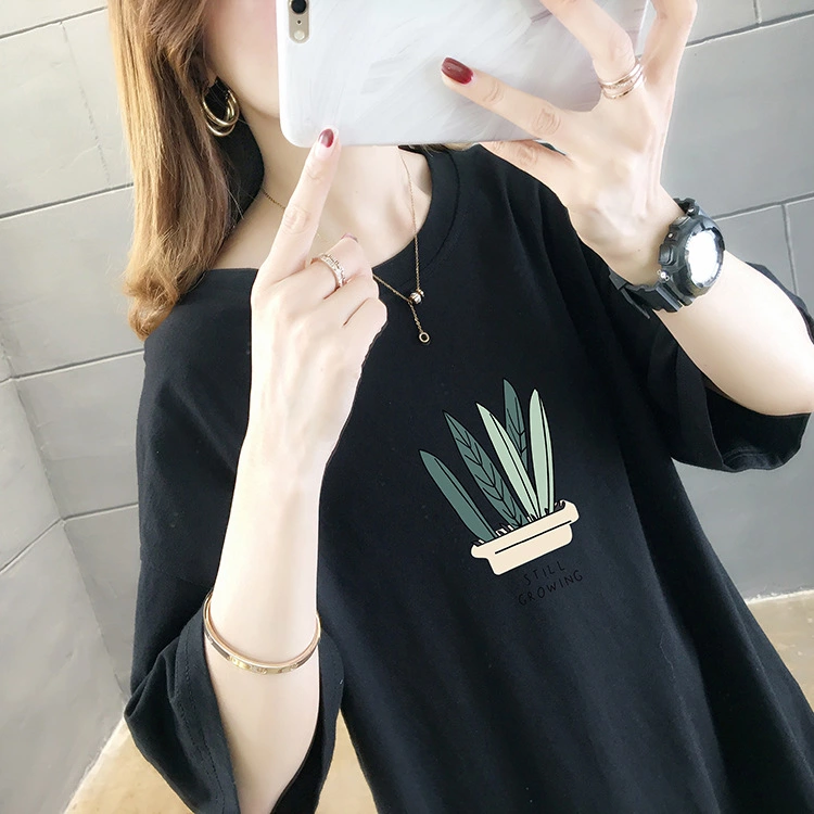 Mid-length plus size women's summer new solid color printed jacket round neck short sleeve T-shirt women
