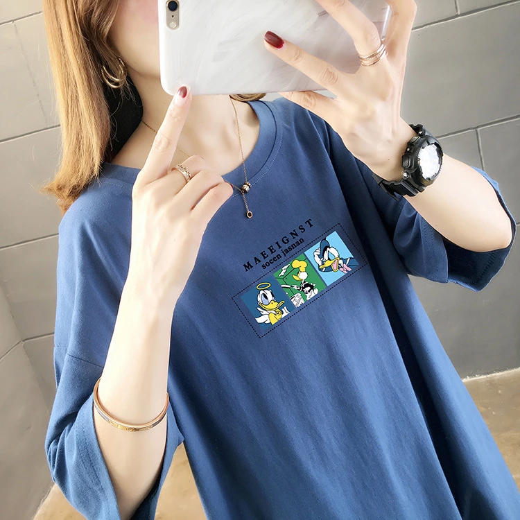 Solid color printed round neck short-sleeved T-shirt female summer new large size women's loose student ladies tops