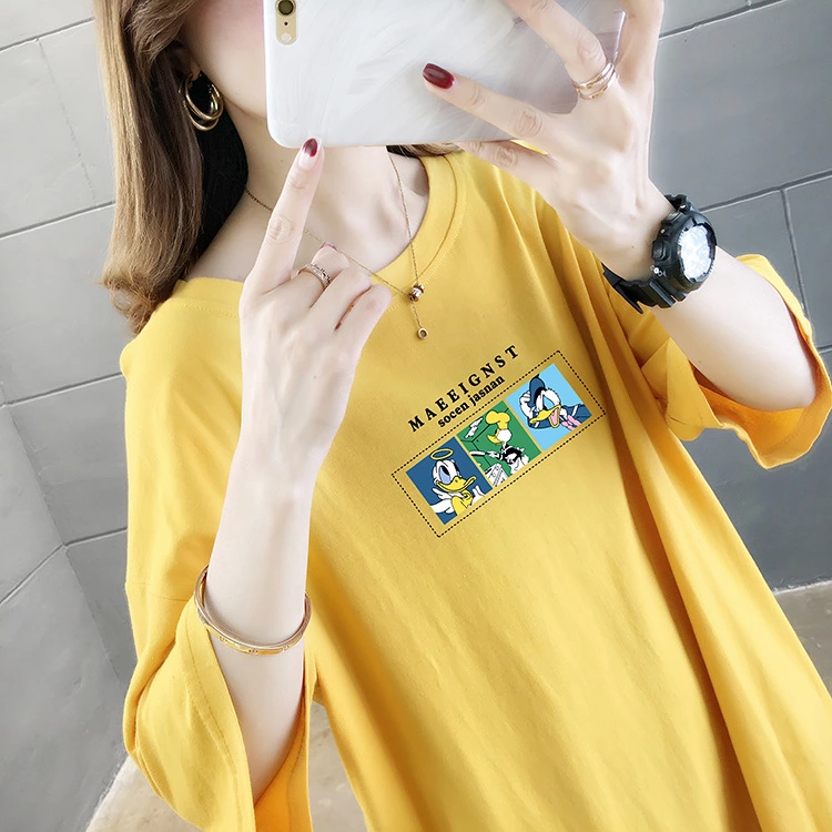 Solid color printed round neck short-sleeved T-shirt female summer new large size women's loose student ladies tops