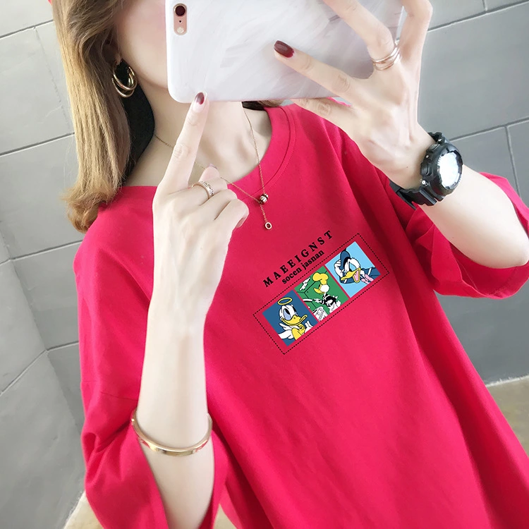 Solid color printed round neck short-sleeved T-shirt female summer new large size women's loose student ladies tops