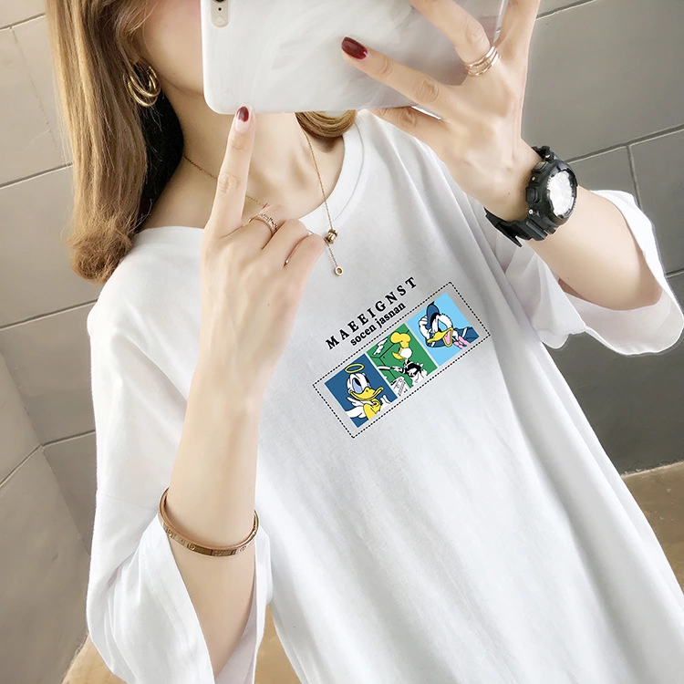 Solid color printed round neck short-sleeved T-shirt female summer new large size women's loose student ladies tops
